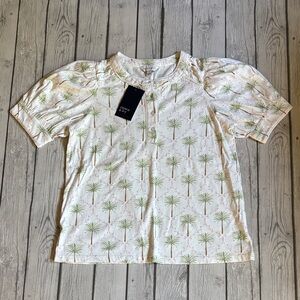 Crown & Ivy Cream Top with Green and Pink Palm Print